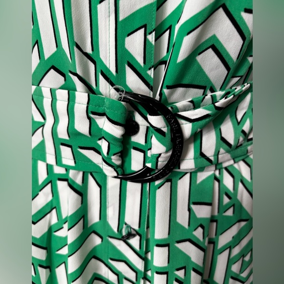 Karl Lagerfeld Paris Green White V-Neck Print Belted Shirt Dress Size 12 - Picture 4 of 12